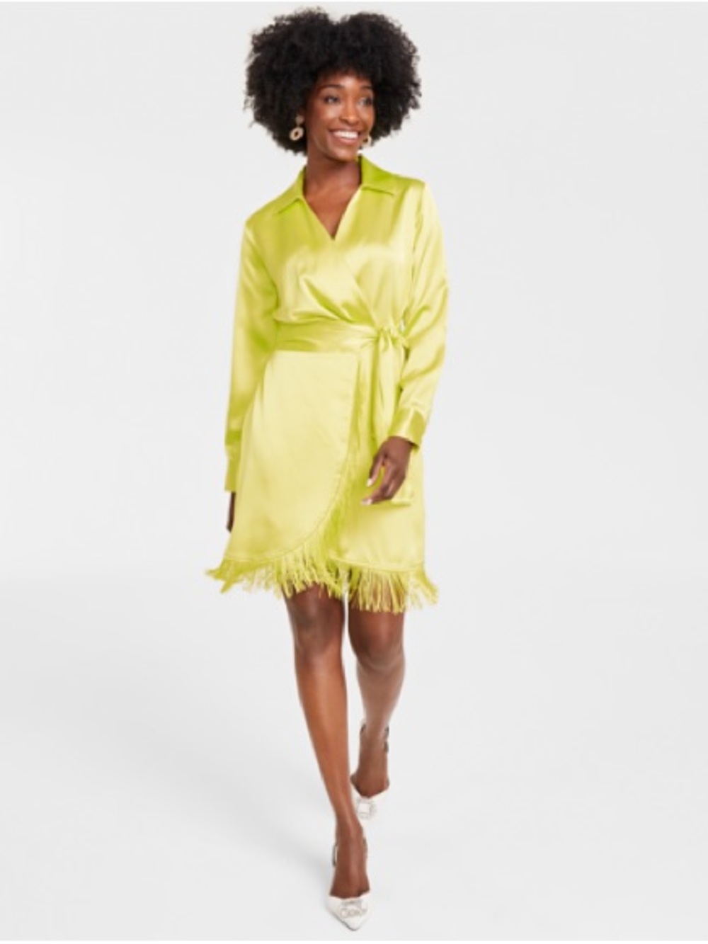 NWT Women's Faux-wrap Fringe-trim Dress, Created For Macy's In Lemon Lime XSmall